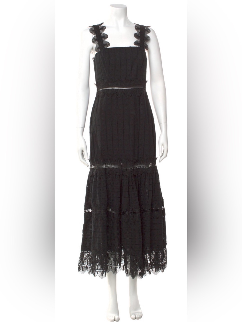 Black Lace Tiered Maxi Dress with Scalloped Straps